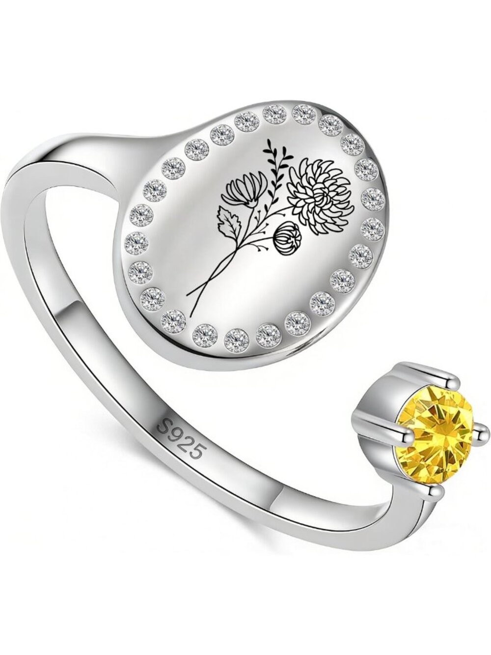 Sterling Silver Mother Ring with Birthstone & Birth Month Flower - Customizable